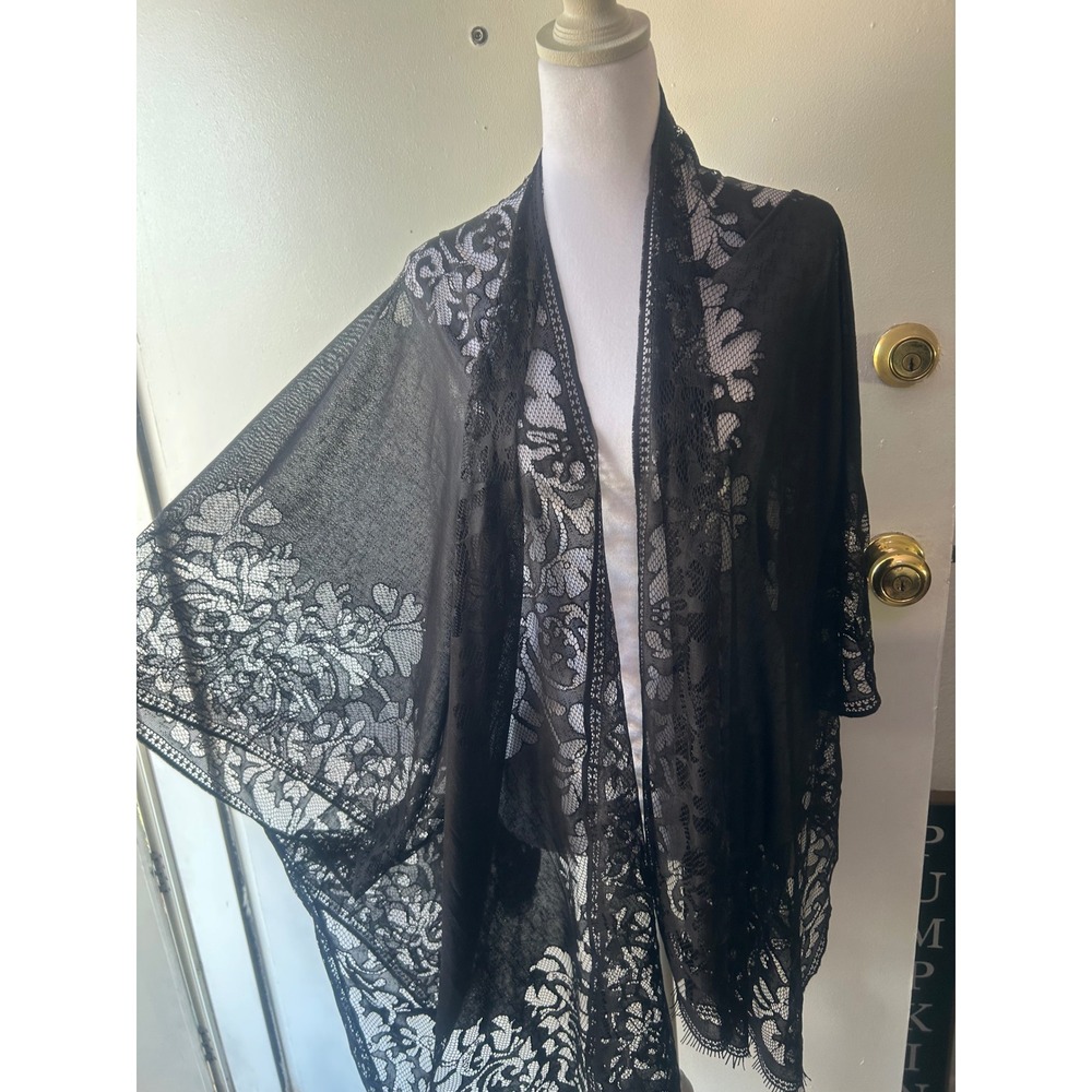 Black Floral Lace Kimono Cardigan Sheer Open Front Wrap Eyelash OSFM Festival - Picture 5 of 8